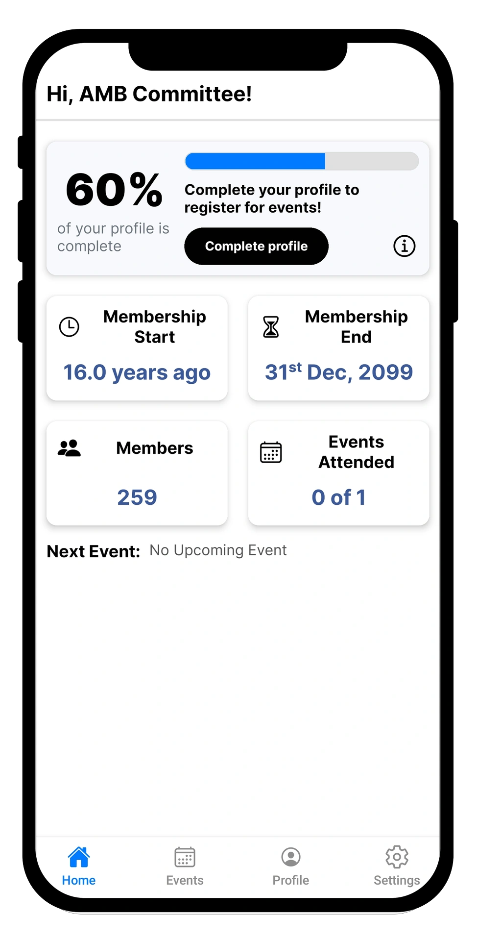 Welcome screen with profile completion