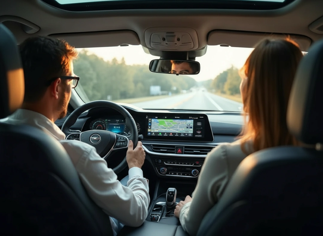 People enjoying a smooth, safe ride in a modern car with dashboard technology